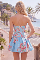 Laden Sie das Bild in den Galerie-Viewer, Satin A-Line blaues Sweetheart Blumenkorsett Homecoming-Kleid