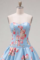 Laden Sie das Bild in den Galerie-Viewer, Satin A-Line blaues Sweetheart Blumenkorsett Homecoming-Kleid