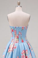 Laden Sie das Bild in den Galerie-Viewer, Satin A-Line blaues Sweetheart Blumenkorsett Homecoming-Kleid