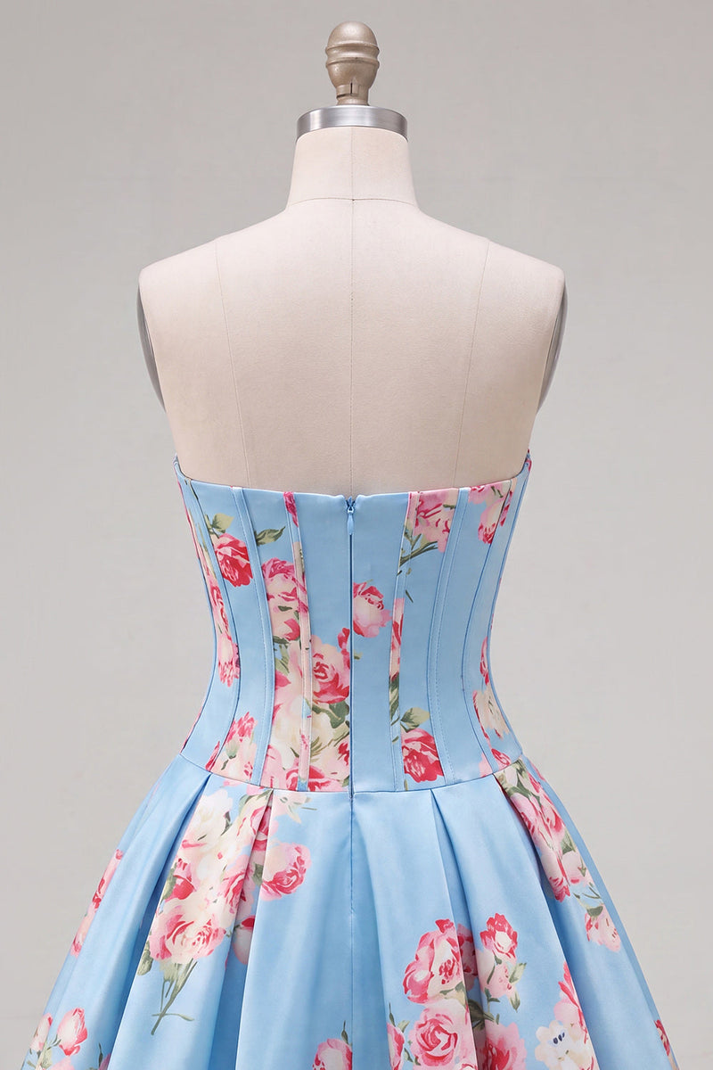 Laden Sie das Bild in den Galerie-Viewer, Satin A-Line blaues Sweetheart Blumenkorsett Homecoming-Kleid