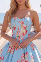 Laden Sie das Bild in den Galerie-Viewer, Satin A-Line blaues Sweetheart Blumenkorsett Homecoming-Kleid