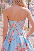 Laden Sie das Bild in den Galerie-Viewer, Satin A-Line blaues Sweetheart Blumenkorsett Homecoming-Kleid