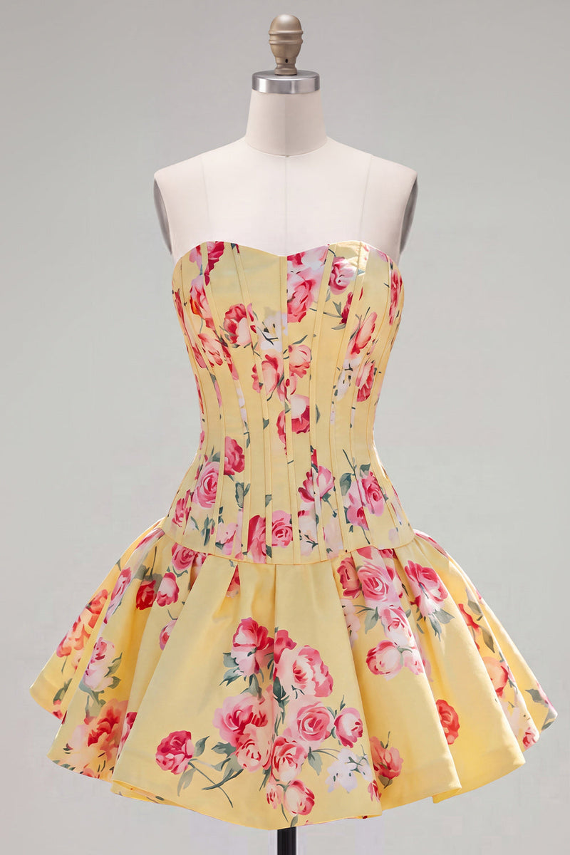 Laden Sie das Bild in den Galerie-Viewer, Satin A-Line blaues Sweetheart Blumenkorsett Homecoming-Kleid