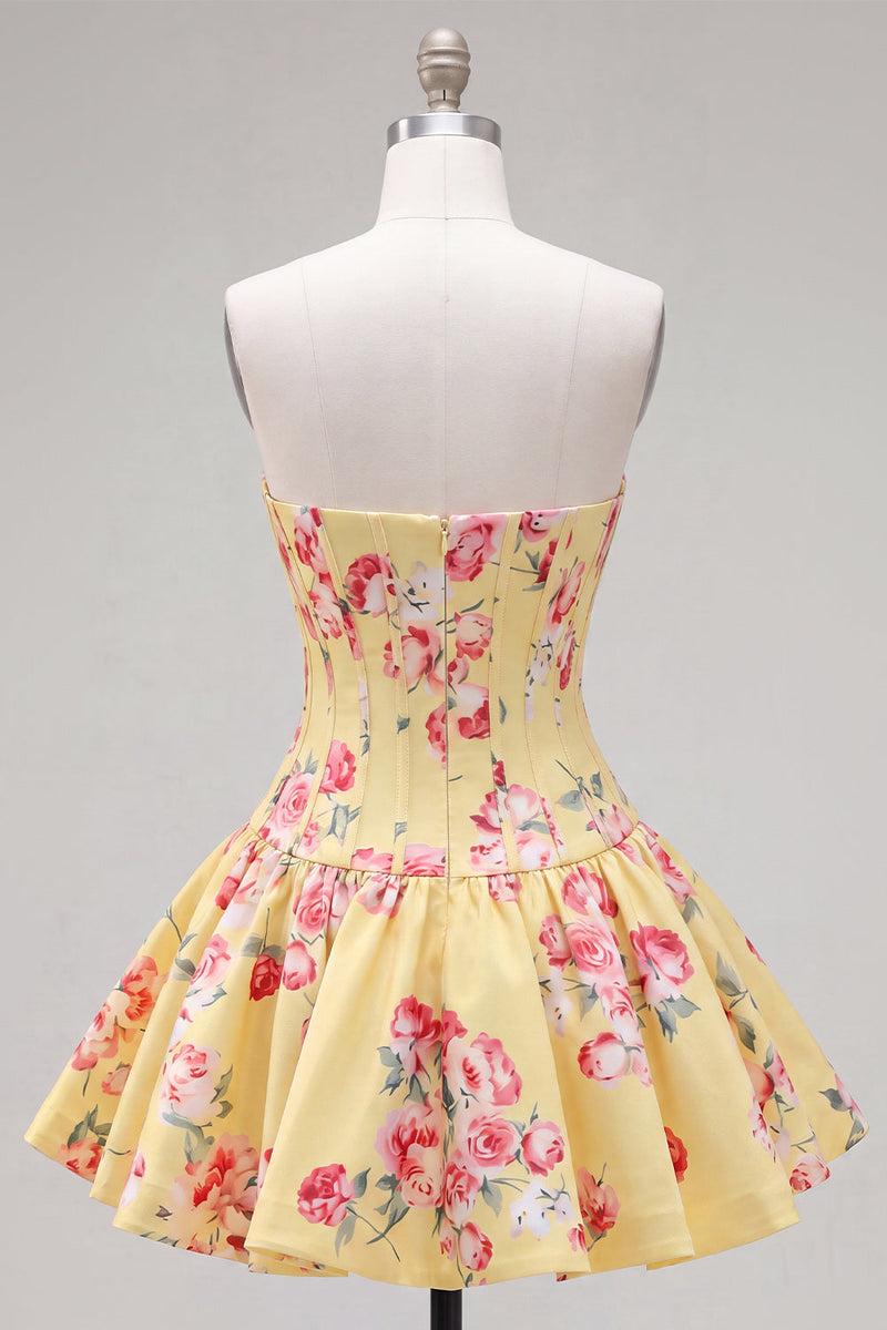 Laden Sie das Bild in den Galerie-Viewer, Satin A-Line blaues Sweetheart Blumenkorsett Homecoming-Kleid