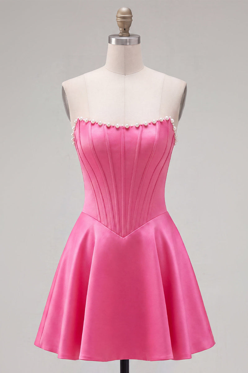 Laden Sie das Bild in den Galerie-Viewer, Sweetheart Fuchsia Pearls Korsett A-Linie Satin Homecoming Heimkehrkleid