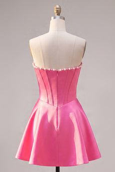 Sweetheart Fuchsia Pearls Korsett A-Linie Satin Kurzes Abendkleid