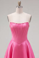 Laden Sie das Bild in den Galerie-Viewer, Sweetheart Fuchsia Pearls Korsett A-Linie Satin Homecoming Heimkehrkleid