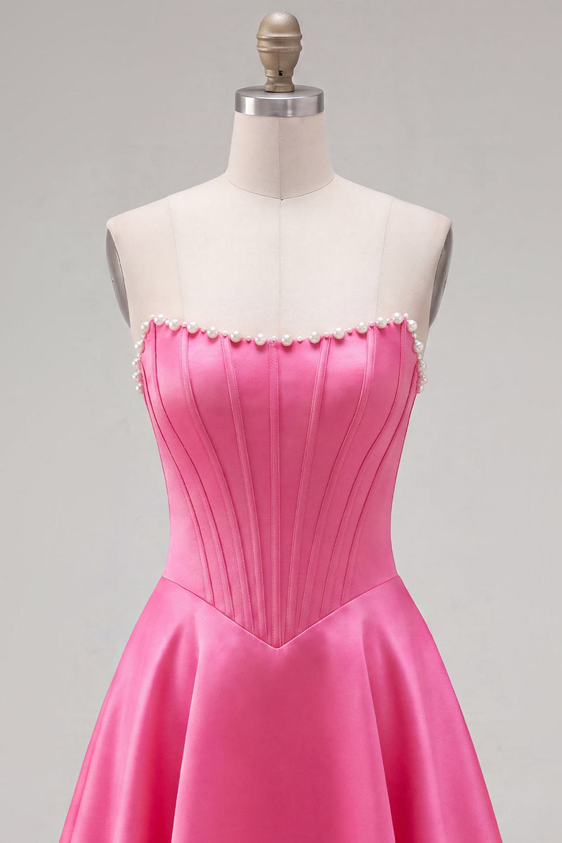 Laden Sie das Bild in den Galerie-Viewer, Sweetheart Fuchsia Pearls Korsett A-Linie Satin Homecoming Heimkehrkleid