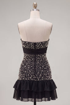 Schwarzes Trägerloses Bodycon Strasssteinen Rüschen Kurzes Abendkleid mit Schleife