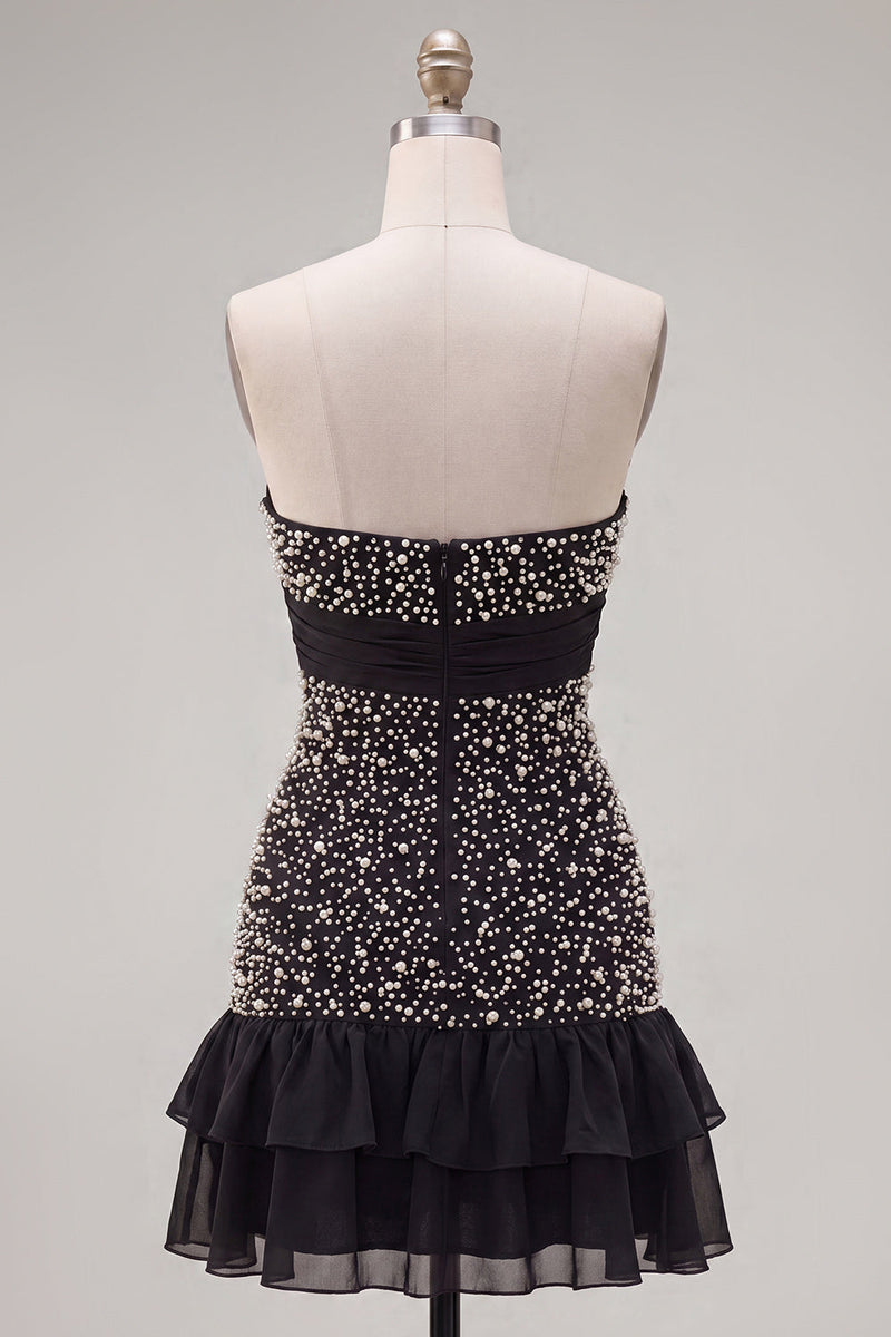 Laden Sie das Bild in den Galerie-Viewer, Schwarzes, trägerloses Bodycon-Perlen-Rüschen-Homecoming-Kleid mit Schleife