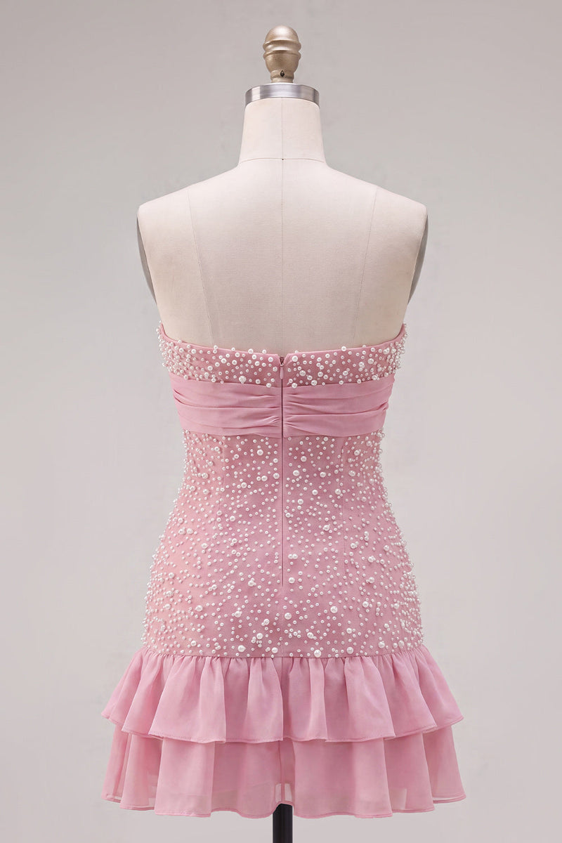 Laden Sie das Bild in den Galerie-Viewer, Rosa trägerloses, enges Rüschen-Perlen-Kurzes Homecoming-Kleid mit Schleife
