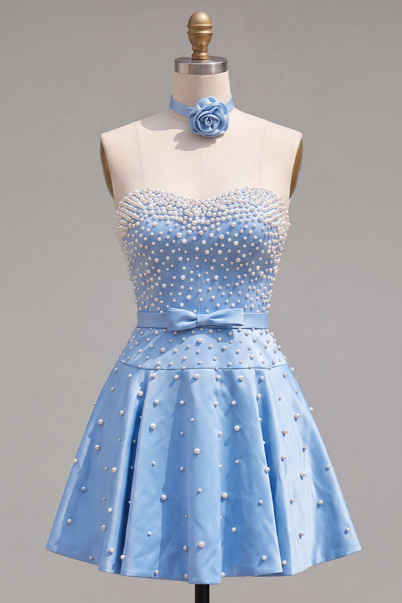 Laden Sie das Bild in den Galerie-Viewer, Blaues Sweetheart Pearl verziertes kurzes Homecoming-Kleid mit Choker und Schleife