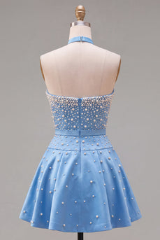 Blaues Sweetheart Pearl Verziertes Kurzes Abendkleid mit Choker und Schleife