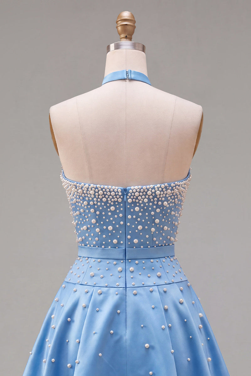 Laden Sie das Bild in den Galerie-Viewer, Blaues Sweetheart Pearl verziertes kurzes Homecoming-Kleid mit Choker und Schleife