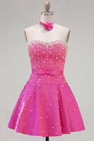 Laden Sie das Bild in den Galerie-Viewer, Blaues Sweetheart Pearl verziertes kurzes Homecoming-Kleid mit Choker und Schleife