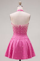 Laden Sie das Bild in den Galerie-Viewer, Blaues Sweetheart Pearl verziertes kurzes Homecoming-Kleid mit Choker und Schleife
