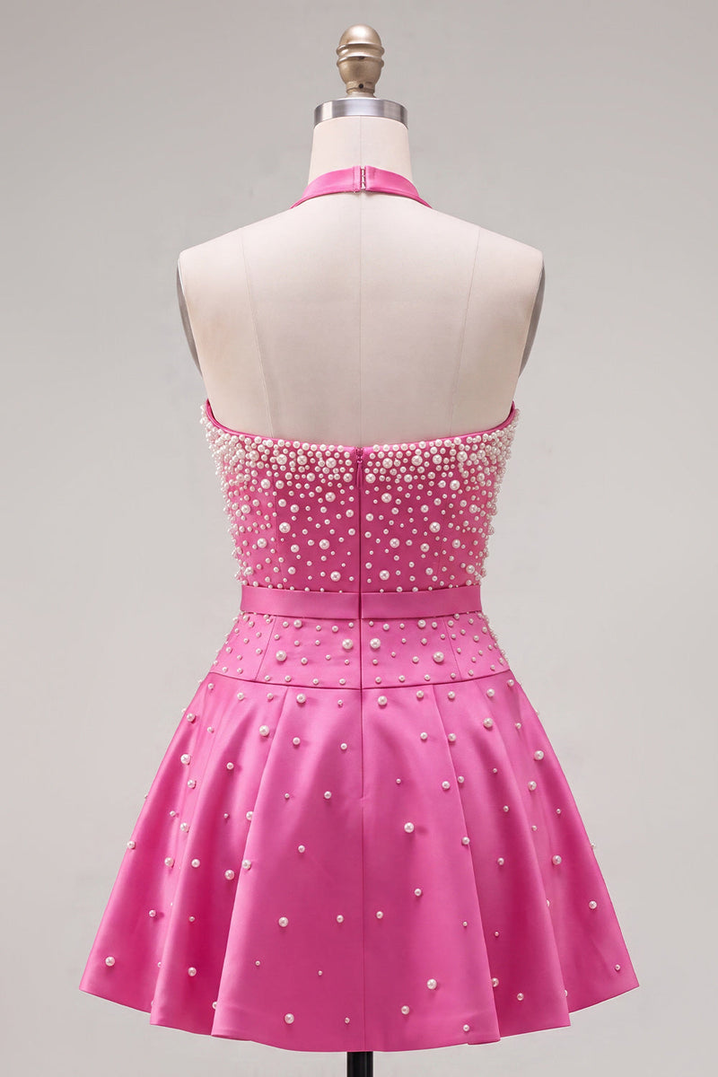 Laden Sie das Bild in den Galerie-Viewer, Blaues Sweetheart Pearl verziertes kurzes Homecoming-Kleid mit Choker und Schleife