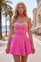 Laden Sie das Bild in den Galerie-Viewer, Blaues Sweetheart Pearl verziertes kurzes Homecoming-Kleid mit Choker und Schleife