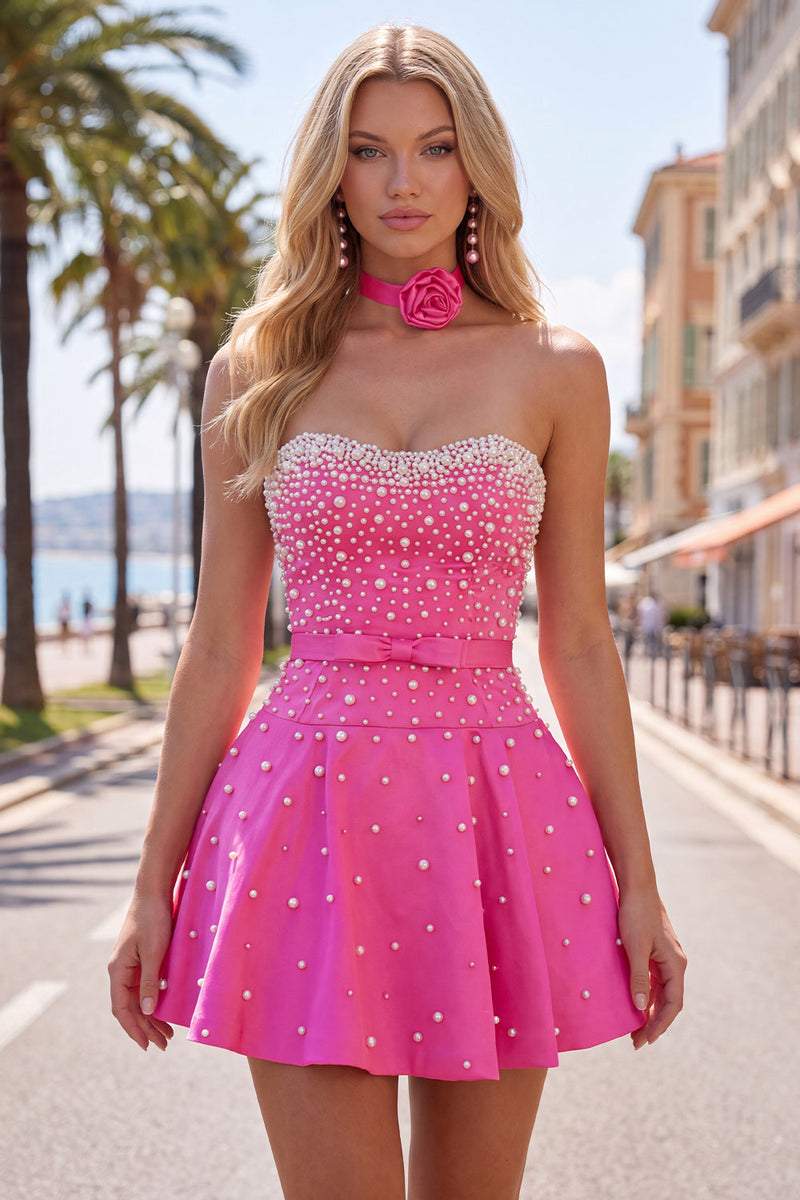 Laden Sie das Bild in den Galerie-Viewer, Blaues Sweetheart Pearl verziertes kurzes Homecoming-Kleid mit Choker und Schleife