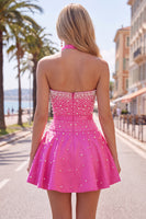 Laden Sie das Bild in den Galerie-Viewer, Blaues Sweetheart Pearl verziertes kurzes Homecoming-Kleid mit Choker und Schleife