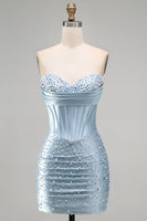 Laden Sie das Bild in den Galerie-Viewer, Graublaues, trägerloses Bodycon-Korsett mit Perlen, kurzes Homecoming-Kleid