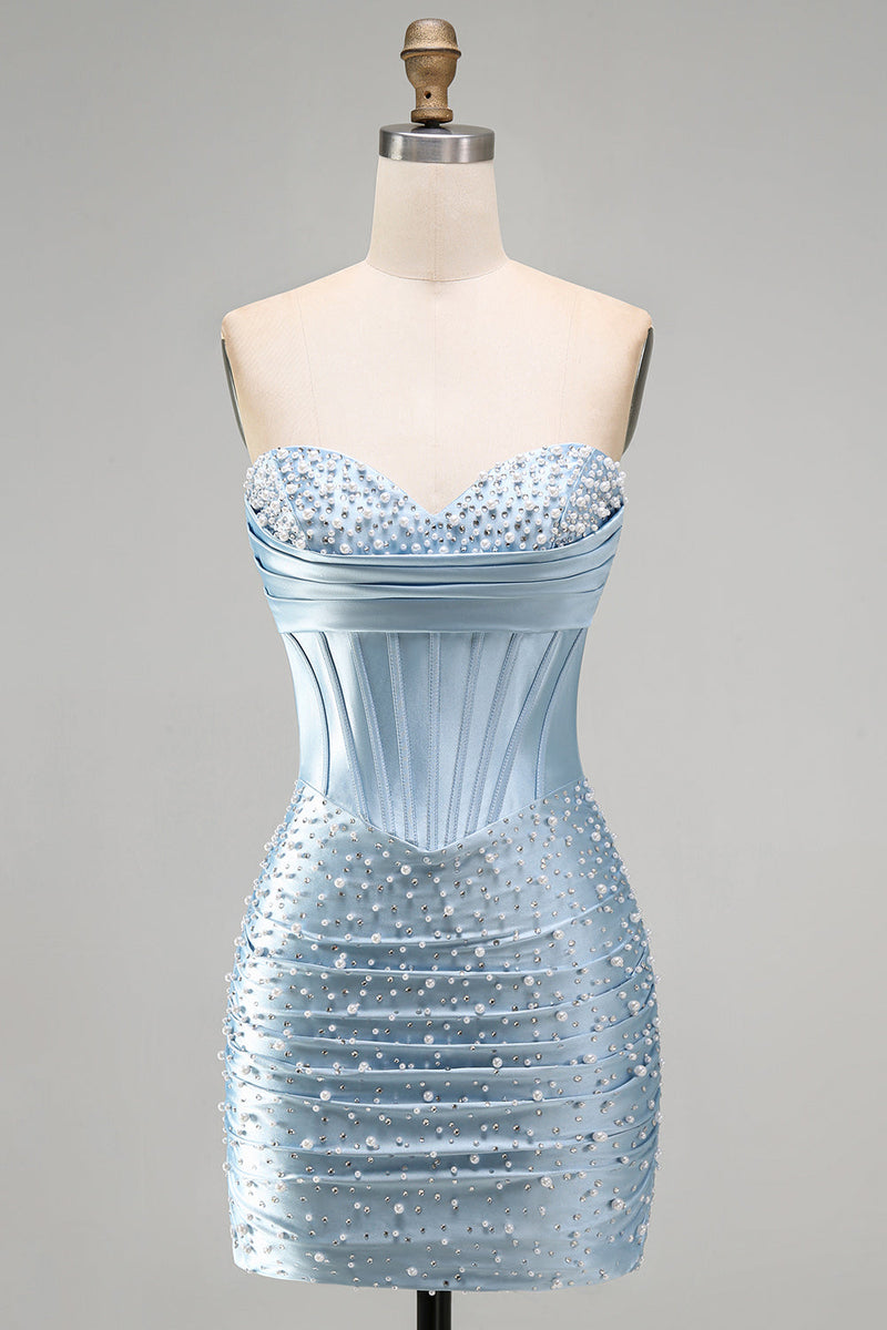 Laden Sie das Bild in den Galerie-Viewer, Graublaues, trägerloses Bodycon-Korsett mit Perlen, kurzes Homecoming-Kleid