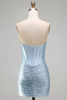 Laden Sie das Bild in den Galerie-Viewer, Graublaues, trägerloses Bodycon-Korsett mit Perlen, kurzes Homecoming-Kleid