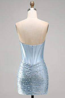 Graublaues Trägerloses Bodycon Korsett Perlen Kurzes Abendkleid