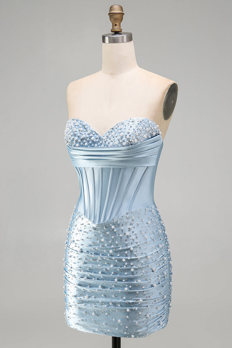 Laden Sie das Bild in den Galerie-Viewer, Graublaues, trägerloses Bodycon-Korsett mit Perlen, kurzes Homecoming-Kleid
