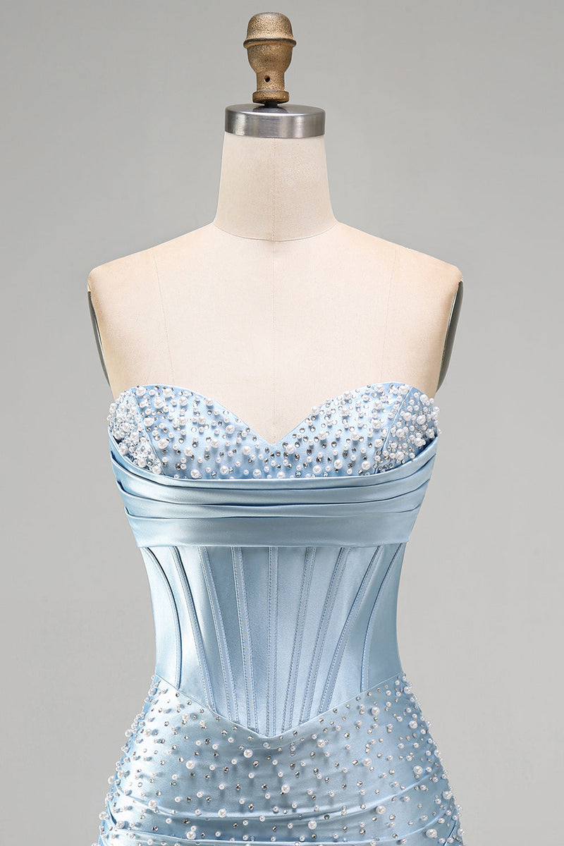 Laden Sie das Bild in den Galerie-Viewer, Graublaues, trägerloses Bodycon-Korsett mit Perlen, kurzes Homecoming-Kleid