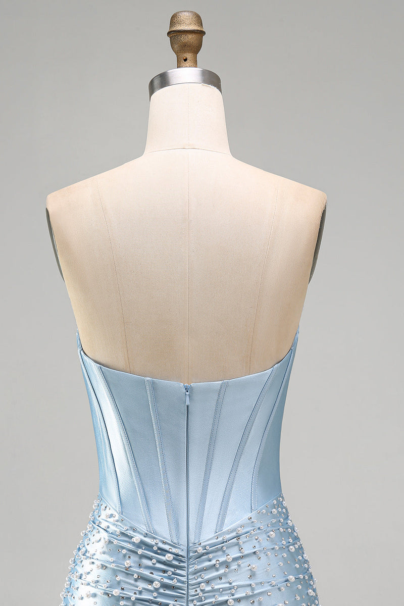 Laden Sie das Bild in den Galerie-Viewer, Graublaues, trägerloses Bodycon-Korsett mit Perlen, kurzes Homecoming-Kleid