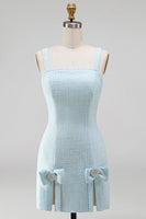 Laden Sie das Bild in den Galerie-Viewer, Hellblaues, quadratischer Ausschnitt Bodycon Streißsteinschleifen mit Perlen, kurzem Homecoming-Kleid mit Schlitz