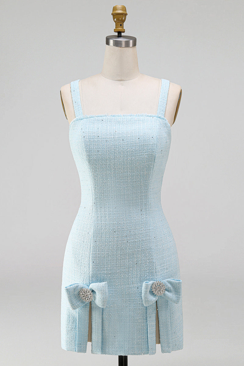 Laden Sie das Bild in den Galerie-Viewer, Hellblaues, quadratischer Ausschnitt Bodycon Streißsteinschleifen mit Perlen, kurzem Homecoming-Kleid mit Schlitz