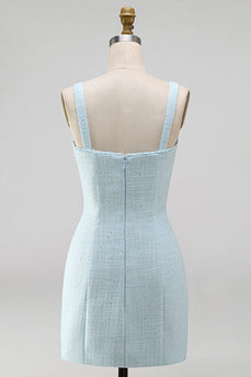Hellblaues Quadratischer Ausschnitt Bodycon Streißsteinschleifen Perlen Kurzes Abendkleid mit Schlitz