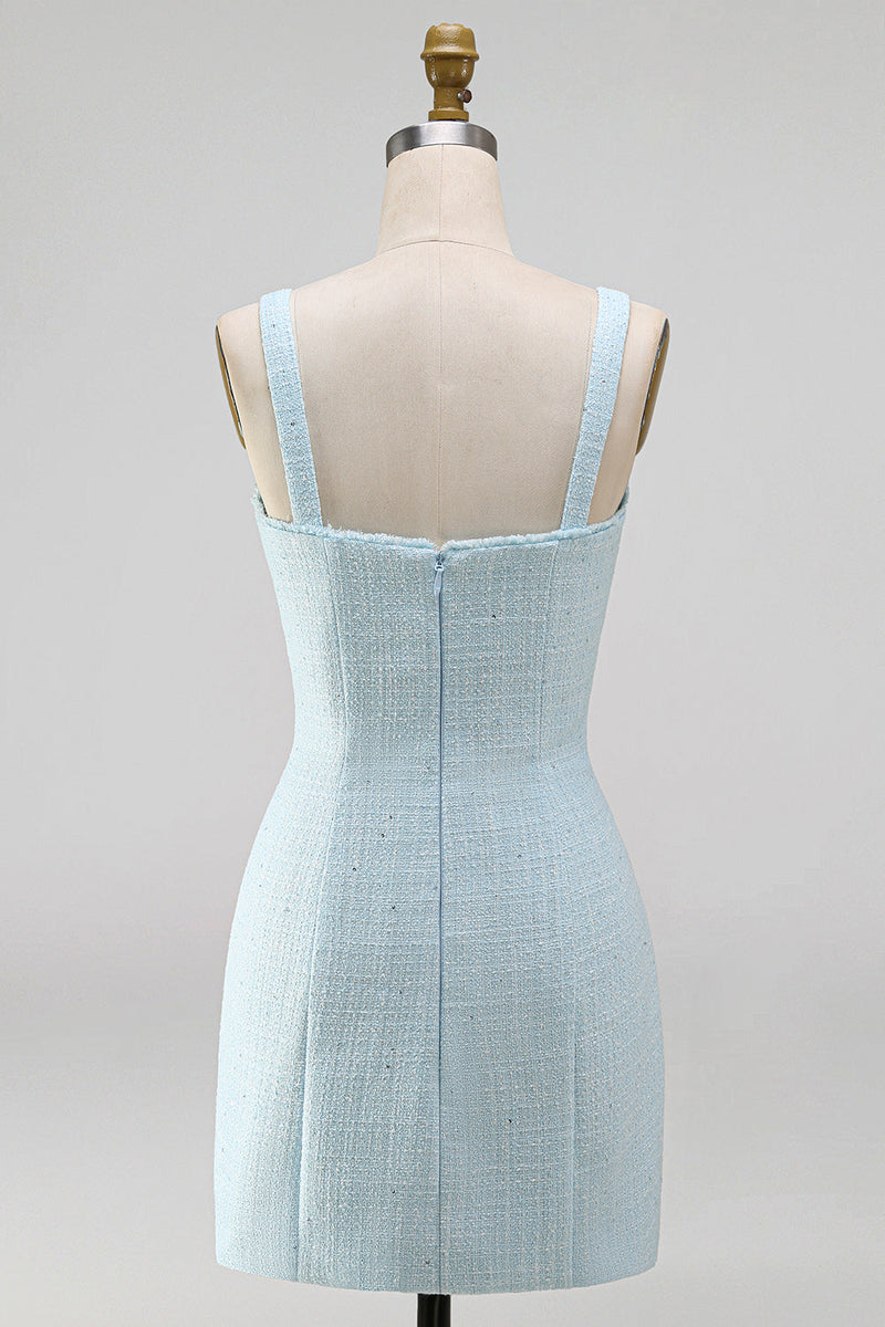 Laden Sie das Bild in den Galerie-Viewer, Hellblaues, quadratischer Ausschnitt Bodycon Streißsteinschleifen mit Perlen, kurzem Homecoming-Kleid mit Schlitz