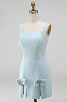 Laden Sie das Bild in den Galerie-Viewer, Hellblaues, quadratischer Ausschnitt Bodycon Streißsteinschleifen mit Perlen, kurzem Homecoming-Kleid mit Schlitz