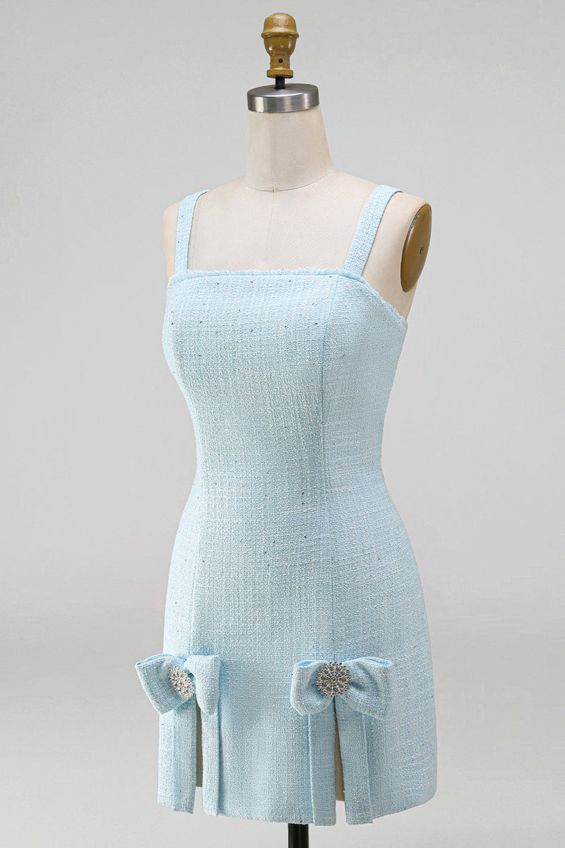 Laden Sie das Bild in den Galerie-Viewer, Hellblaues, quadratischer Ausschnitt Bodycon Streißsteinschleifen mit Perlen, kurzem Homecoming-Kleid mit Schlitz