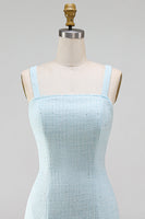 Laden Sie das Bild in den Galerie-Viewer, Hellblaues, quadratischer Ausschnitt Bodycon Streißsteinschleifen mit Perlen, kurzem Homecoming-Kleid mit Schlitz