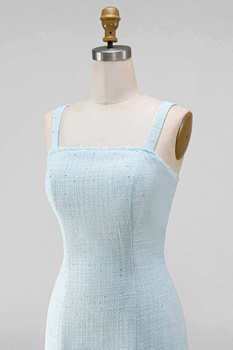 Laden Sie das Bild in den Galerie-Viewer, Hellblaues, quadratischer Ausschnitt Bodycon Streißsteinschleifen mit Perlen, kurzem Homecoming-Kleid mit Schlitz