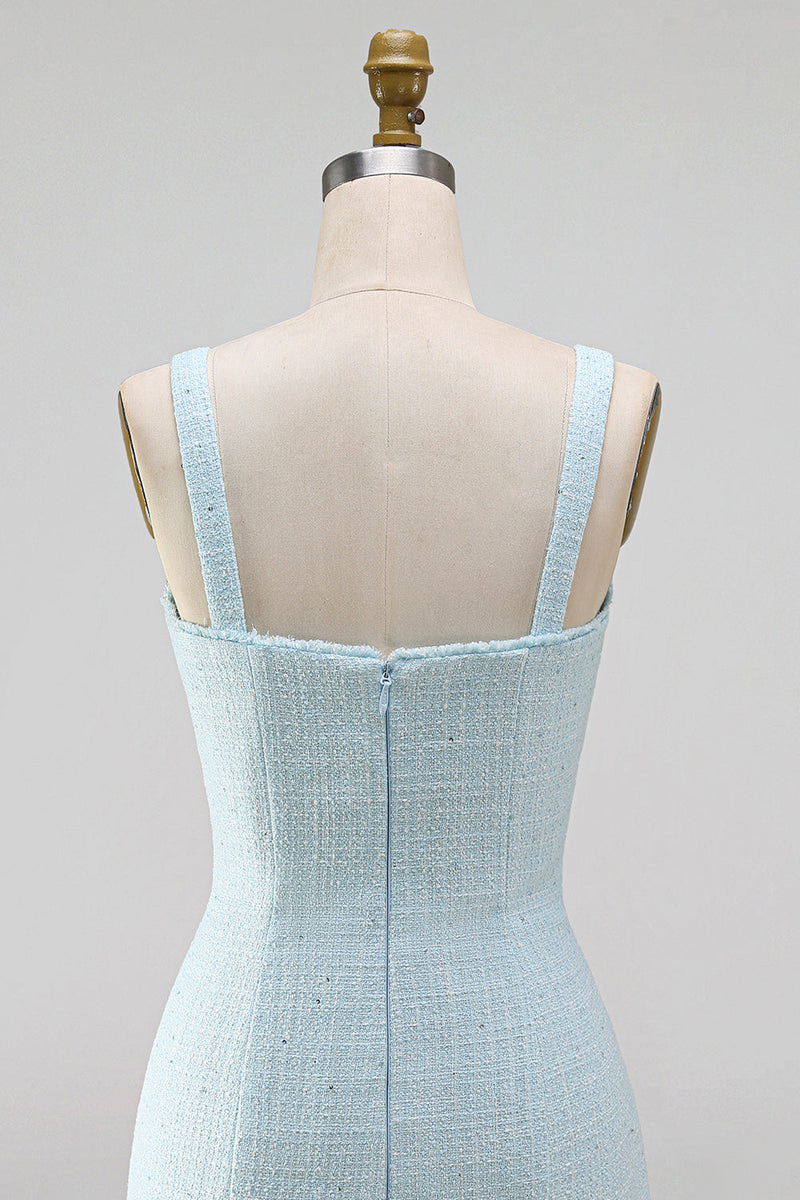 Laden Sie das Bild in den Galerie-Viewer, Hellblaues, quadratischer Ausschnitt Bodycon Streißsteinschleifen mit Perlen, kurzem Homecoming-Kleid mit Schlitz