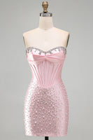 Laden Sie das Bild in den Galerie-Viewer, Glitzerndes pinkes Perlenkorsett enges Sweetheart Short Pearl Homecoming-Kleid mit Strass