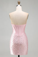 Laden Sie das Bild in den Galerie-Viewer, Glitzerndes pinkes Perlenkorsett enges Sweetheart Short Pearl Homecoming-Kleid mit Strass