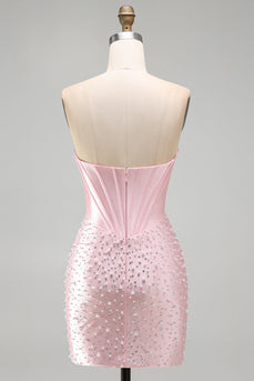 Glitzerndes Rosa Perlen Korsett Enges Sweetheart Kurzes Abendkleid mit Strass