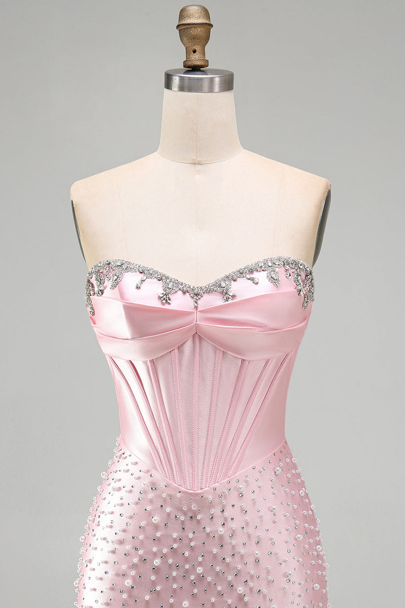 Laden Sie das Bild in den Galerie-Viewer, Glitzerndes pinkes Perlenkorsett enges Sweetheart Short Pearl Homecoming-Kleid mit Strass