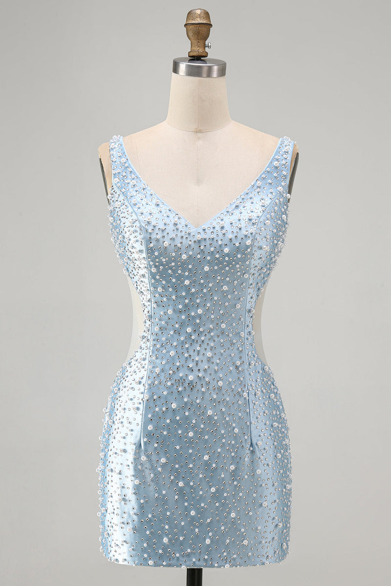 Laden Sie das Bild in den Galerie-Viewer, Blaues Bodycon-Korsett-Korsett-Cut-Out-Perlen-Hemdkehrkleid mit V-Ausschnitt