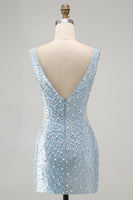 Laden Sie das Bild in den Galerie-Viewer, Blaues Bodycon-Korsett-Korsett-Cut-Out-Perlen-Hemdkehrkleid mit V-Ausschnitt