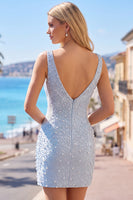 Laden Sie das Bild in den Galerie-Viewer, Blaues Bodycon-Korsett-Korsett-Cut-Out-Perlen-Hemdkehrkleid mit V-Ausschnitt