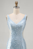 Laden Sie das Bild in den Galerie-Viewer, Blaues Bodycon-Korsett-Korsett-Cut-Out-Perlen-Hemdkehrkleid mit V-Ausschnitt