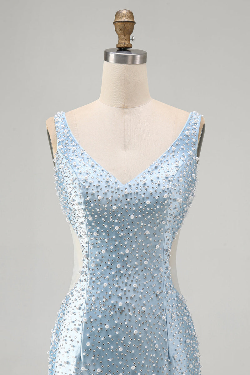 Laden Sie das Bild in den Galerie-Viewer, Blaues Bodycon-Korsett-Korsett-Cut-Out-Perlen-Hemdkehrkleid mit V-Ausschnitt