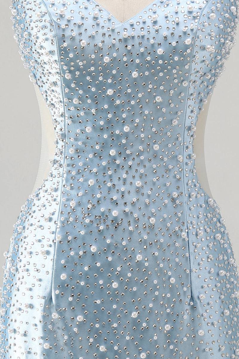 Laden Sie das Bild in den Galerie-Viewer, Blaues Bodycon-Korsett-Korsett-Cut-Out-Perlen-Hemdkehrkleid mit V-Ausschnitt